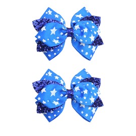 4th of July Hair Bow Clips - 2 Pcs Red White Blue Independence Day Hair Bows Clips Stars Stripes Alligator Barrettes Hair Accessories for Women Girls for Memorial Day (Light Blue-Star)