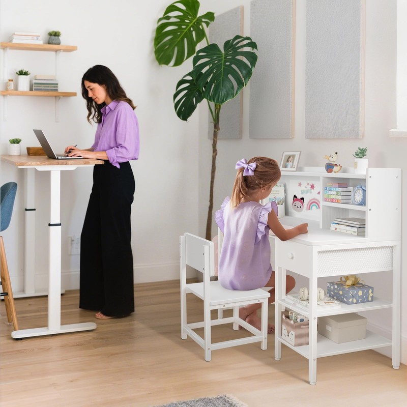 BOLUO White Kids Desk and Chair Set for 6-12 Year