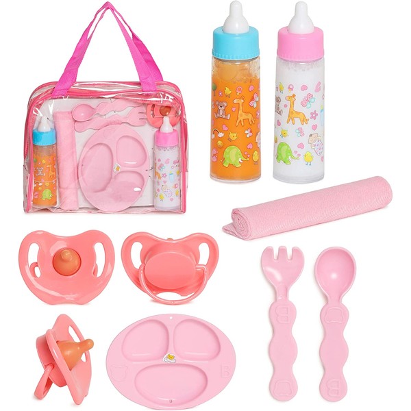 FASH N KOLOR Baby Doll Feeding Set with Doll Magic Bottles in a Baby Bag Set- 8 Piece Baby Doll Feeding Set with Baby Doll Accessories, Pretend Play Set for Kids