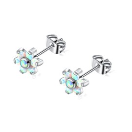 Titanium Opal Labret Flower Stud Earrings for Women Girls, Hypoallergenic Birthstone Opal Earrings for Sensitive Ears - Cartilage Lobe Earrings Jewellery, Titanium, Opal