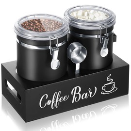 Maxcheck 2 Pcs 66 oz Coffee Canisters with Shelf 304 Stainless Steel Coffee Station Container for Ground Coffee Bean Storage with Airtight Locking Clamp and Scoop, Kitchen Food Storage Jars (Black)