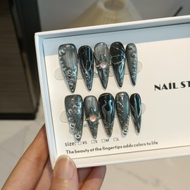 TENPAL Cat Eye Black & Mirror Powder Gradient Obsidian Press on Nails Long Stiletto,Hand-Painted Butterfly & Meteor Designs Fake Nails with Tools,3D Crystal Gothic Punk Nail Kit with Tools 10pcs(M)