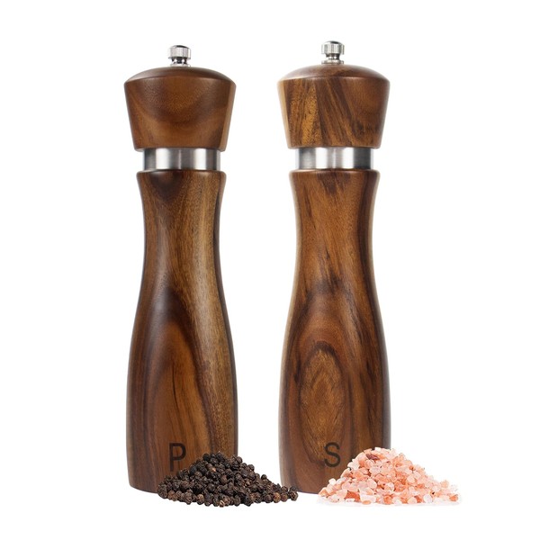 Haomacro Salt and Pepper Grinder Set of 2,8Inch Updated Wooden Pepper Mill Shaker,Modern Oak Wood Salt Mill Pepper Grinder Set Refillable with Adjustable Ceramic Rotor