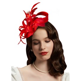 Cizoe Kentucky Derby Fascinators for Women High Tea Party Hat Wedding Cocktail Flower Headware with Mesh and Feathers(Y-red)