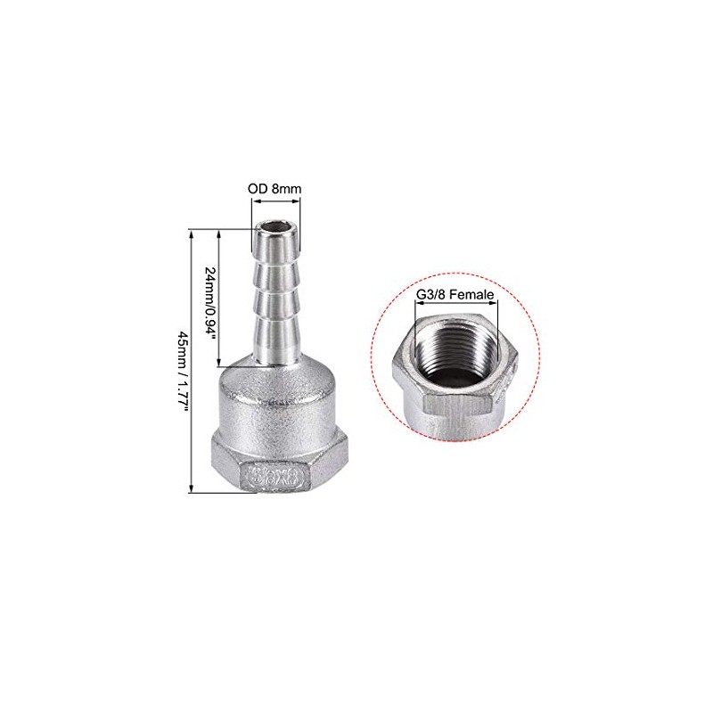 sourcing map 304 Stainless Steel Hose Barb Fitting Coupler, 8mm