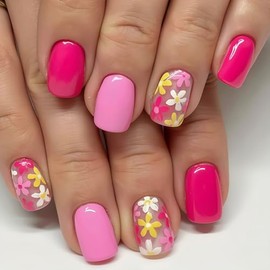 Uñas postizas cortas cuadradas con flores rosas, acabado brillante, reutilizables, con pestañas adhesivas - Kit de 24 piezas para manicura femenina