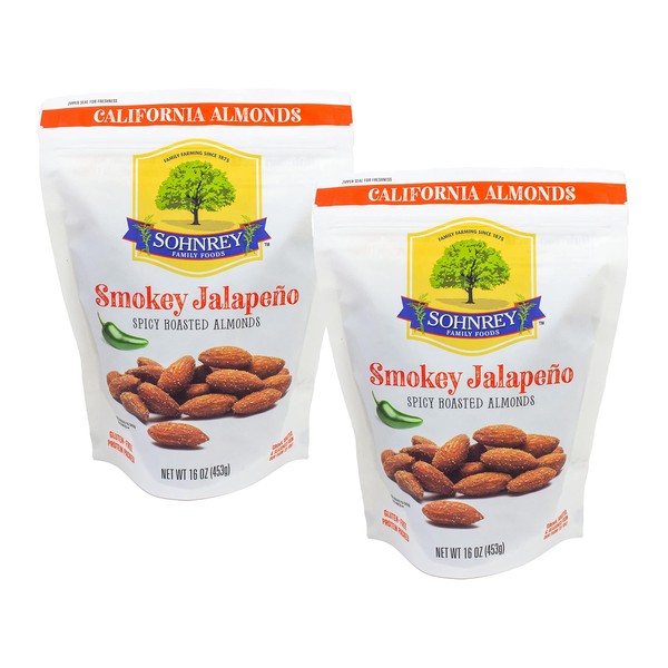 Smokey Jalapeno Almonds (16oz) Steam Pasteurized Roasted Almonds from the Sohnrey Family Farm (2-Pack)