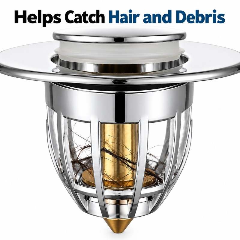 Pop-Up Bathroom Sink Drain Stopper with Hair Catcher Filter, Push-Button