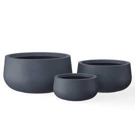 Kante 19.6",15.7",11.8" Dia Round Concrete Planters Set of 3, Outdoor Indoor Garden Plant Pots with Drainage Hole and Rubber Plug, Modern Curvaceous Design, Charcoal