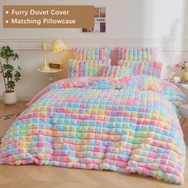 2 PCS Fluffy Bubble Faux Rabbit Fur Duvet Cover Set Twin Size, Rainbow