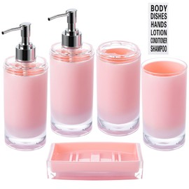 Pink Bathroom Accessories Set 5 Pieces Soap Dispenser and Toothbrush Holder, Tumbler, Soap Dish, Waterproof Labels, Acrylic Sink Countertop Organizer Set, Housewarming Gift with Exquisite Packaging