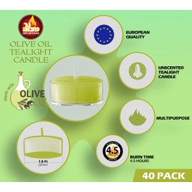 Olive Oil Tea Light Candles - 40 Pack - Clear Cup Unscented Travel, Centerpiece, Decorative Candle - 4.5 Hour Burn Time - by Ner Mitzvah