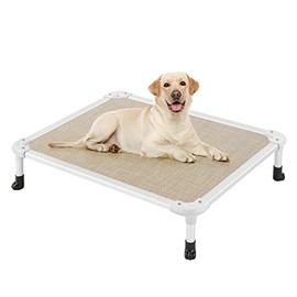 Veehoo Chew Proof Elevated Dog Bed - Cooling Raised Pet Cot - Silver Aluminum Frame and Durable Textilene Mesh Fabric, Unique Designed No-Slip Feet for Indoor or Outdoor Use, Beige Coffee, Medium