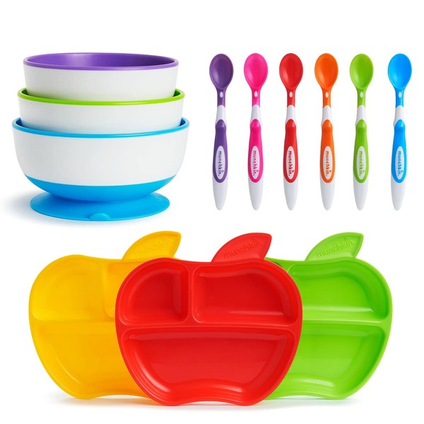 Munchkin Weaning Set, Includes 3x Stay Put Suction Bowls, 3x Little Apple Divided Plates & 6x Soft Tip Spoons**Waterproof Label's Included