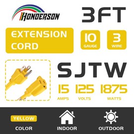 HONDERSON Extension Cord Weatherproof, UL Listed, 10 Gauge 3FT Yellow 3 Prong Heavy Duty, 10/3 SJTW 15A Power Cord for Lights, Appliances, Lawn