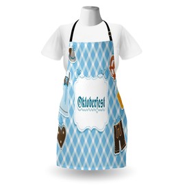 Lunarable Oktoberfest Apron, Oktoberfest Cultural Gatherings Fun Artwork with Dirndl Dress Hat and Flower, Unisex Kitchen Bib with Adjustable Neck for Cooking Gardening, Adult Size, Blue White