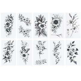 craspire 10 Blatt Schwarze Blumen Temporäre Tattoos Frauen Männer Abnehmbare Florale Rosenblattzweig Aufkleber Papier Wasserfest Realistisches Langanhaltendes Make Up Für Körper Schlüsselbein Arm