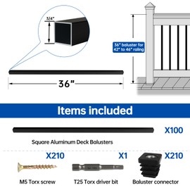 Muzata 100Pack 36" x3/4" Aluminum Deck Balusters Square Baluster Deck Railing Black Hollow Spindles with Screws for Railing Fencing Porch WT13
