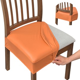 FUANGUI Dining Chair Covers Set of 6, Waterproof PU Leather Stretch Chair Seat Slipcovers Soft Removable Washable Chair Covers, Kitchen Chair Seat Covers Protectors Dining Room, PU-Orange