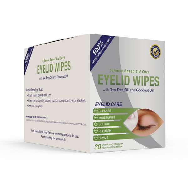 Premium Eyelid Wipes With Tea Tree and Coconut Oil - Cleansing Eye Wipes for People Itchy Eyes - Box Of 30 Natural Eye Wipes