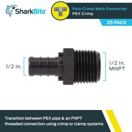 SharkBite 1/2 Inch MNPT Poly Crimp Adapter, Pack of 25, PEX Pipe, PE-RT, UP120