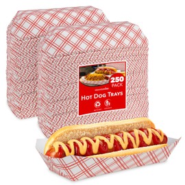 Stock Your Home Checkered Hot Dog Trays (250 Pack) - Red & White Checkered Paperboard Trays for Hot Dogs - Grease Resistant & Disposable