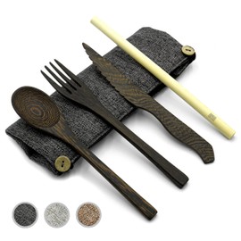 Jungle Culture® Wiederverwendbares Reisebesteck-Set • Alternative zu Bambus Besteck • Umweltfreundliches Besteck Set für Unterwegs & Picknick, Holzbesteck, Messer Gabel, Strohhalm, Jutebeutel in Grau