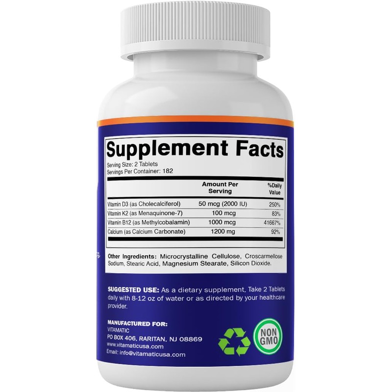 Vitamatic Calcium Supplement 1200mg with D3, K2 & B12, Immune