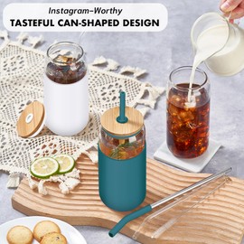 WillCome 20oz Glass Cups with Lids and 3 Types of Straws,Beer Can Shaped Glass Tumbler with Protective Sleeve,Cute Iced Glass Coffee Cup,Drinking Glasses for Smoothie,Beer,Boba,Gift,2Pack,White,Green