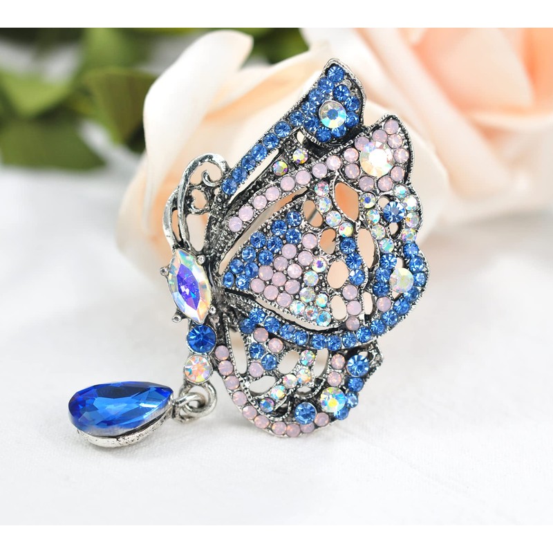 Gyn&Joy Silvery Tone Butterfly Brooch Pin Necklace with Iridescent Blue