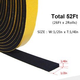 Weather Stripping Door Seal Strip,Foam Insulation Tape for Sliding Doors and Windows,Gasket Seal, Anti Vibration Collision, Shockproof (1/2 in x 1/4 in x 26 Ft x 2 Roll)