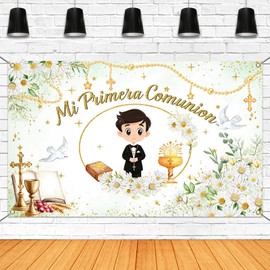 Mocsicka Mi Primera Comunion Banner for Boys First Communion Party Decorations Banner Green Floral Baptism Christening First Holy Communion Backdrop for photography (Green, 70.8x43.3 inch)