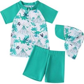 Achiyi Little Boy Dinosaur Rash Guard Sets with Sun Hat Quick Dry Swimsuits Bathing Suits Beach Hawaii Swimwear Set Green 6-12M
