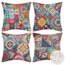 Velvhom 4 Pack Decorative Cushion Covers 40x 40cm Hippie Boho Floral Outdoor Pillow Cases Waterproof Cotton Linen Square Throw Pillow Covers for Sofa Outdoor Indoor Home Decor 16x16inch