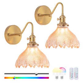Rnzziw Vintage Battery Operated Wall Sconce Set of 2, Wireless Wall Sconces with Green Ripple Glass Lampshade Rechargeable,Wall Lights with 12 Colors RGB for Bedroom, Living Room (Amber Flower)