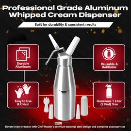 Chef Master (2 Pint / 1 Liter) Aluminum Whipped Cream Dispenser - Decorating Tips for Desserts, Coffee, Latte + Cleaning Brush - Whip Cream Dispenser Canister for Home, Bakery or Restaurant - 90077