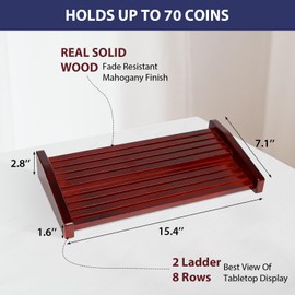 DecoWoodo Military Challenge Coin Display Holder Case, 8 Row Wooden Challenge Coin Holder Holds 60-70 Coins, Double Ladder Coin Display Rack Stand for Collectors (Mahogany Finisn)