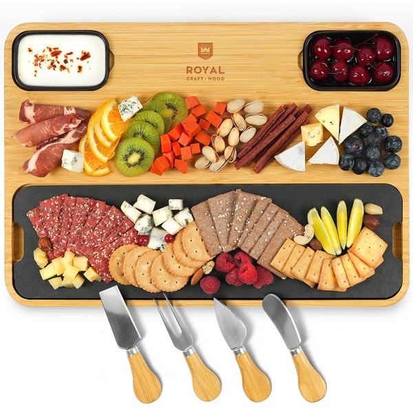 𝐖𝐈𝐍𝐍𝐄𝐑 𝟐𝟎𝟐𝟑 Extra Large Bamboo Charcuterie Boards - Large Charcuterie Board Set w/ 2 Sauce Bowls, 4 Knives & Slate Plate - Unique Cheese Board, Bread & Butter Plates