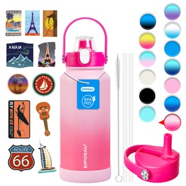 Insulated Water Bottle with Lid & Boot & Stickers, 32 oz Stainless Steel Sweat Free Bottle Keep Cold 24H, BPA-Free Sports Wide Mouth Water Bottle, PinkRed