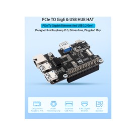 PCIe to Gigabit Ethernet and USB 3.2 Gen1 HAT for Raspberry Pi 5, Extend PCIe Interface to 3X High Speed USB 3.2 Gen1 Ports and 1x Gigabit Ethernet Port, Driver-Free, Plug and Play