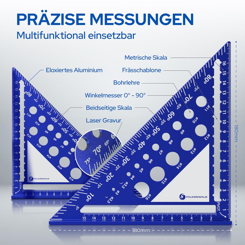 FALKENWALD® Carpenter's Square 180 mm with Writing Surface Including Deep