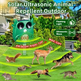Solar Ultrasonic Animal Repeller Outdoor Deer Repellent with Motion Detection Flashing Lights Cat Repellent Rabbit Raccoon Dog Coyote Skunk Repellent for Yard Garden Deterrent Device Animal Repellent