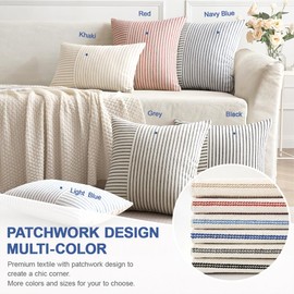 MIULEE Christmas Red and Beige Patchwork Farmhouse Pillow Covers 20x20 Inch, Pack of 2 Striped Linen Decorative Modern Accent Pillow Cases for Sofa Couch Bedroom