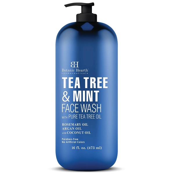 Botanic Hearth Tea Tree Face Wash with Mint - Acne Fighting, Therapeutic, Hydrating Liquid Face Soap with Pure Tea Tree Oil - for Women and Men, Paraben Free - 16 fl oz