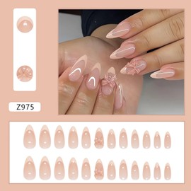 French Tip Press on Nails Almond Medium Fake Nails with 3D Bow-knot Designs Cute Fall Winter Nail Art Decorations Glossy Full Cover Glue on Nails Almond Stick on Nails for Women Girls DIY Manicure