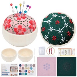 FREEBLOSS 2 Set Floral Sashiko Pincushion Kit DIY Sashiko Kit Sashiko Pincushion Sewing Kit Japanese Sashiko Pincushion with Wooden Base Sewing Crafting Fabric Sashiko Pattern Sewing Kit for Beginners