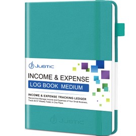 JUBTIC Hardcover Income & Expense Tracker Notebook - Income & Expense Log Book Accounting Ledger Book with Receipt Pocket Record Personal Finance & Small Business Essentials – A5 Size (Turquoise)