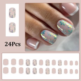 24 Pcs Spring Floral Press on Nails Short Square Shape False Nails Laser Glitter Fake Nails with Glue French Tip Nail Art Design Acrylic Nails Press ons Full Cover Reusable Nails for Women