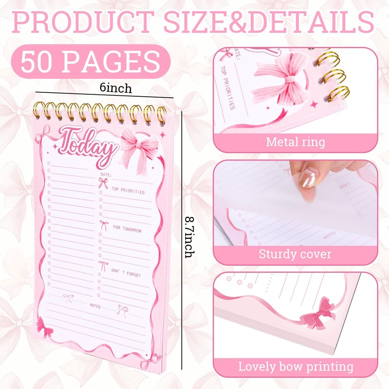 FYSUIMU Pink Bow To Do List Notebook A5 Undated Spiral