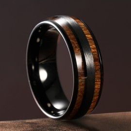 King Will Nature 8mm Mens Domed nature Koa Wood Inlay Black Tungsten Carbide Ring Wedding Band 14